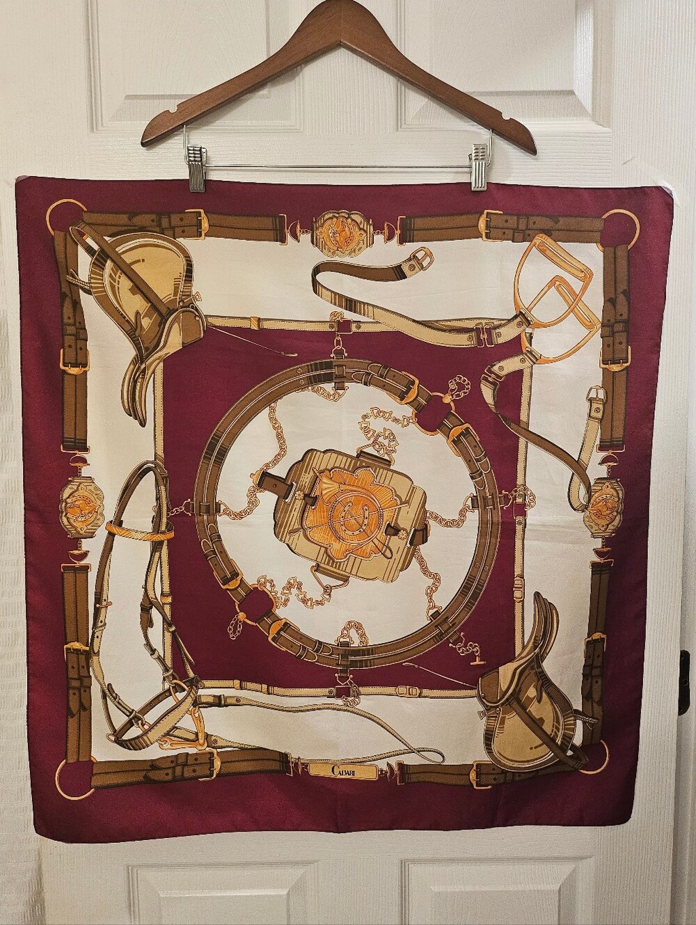 Vintage Equestrian-Inspired Burgundy and Cream Wrap Scarf